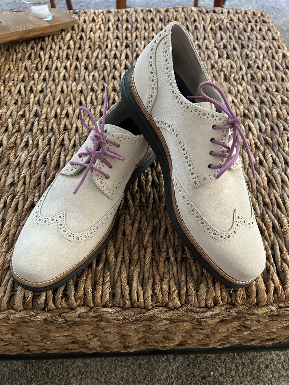 Cole Haan Lunargrand Men's Cream/White Suede Wingtip Oxfords with Lavender Laces
